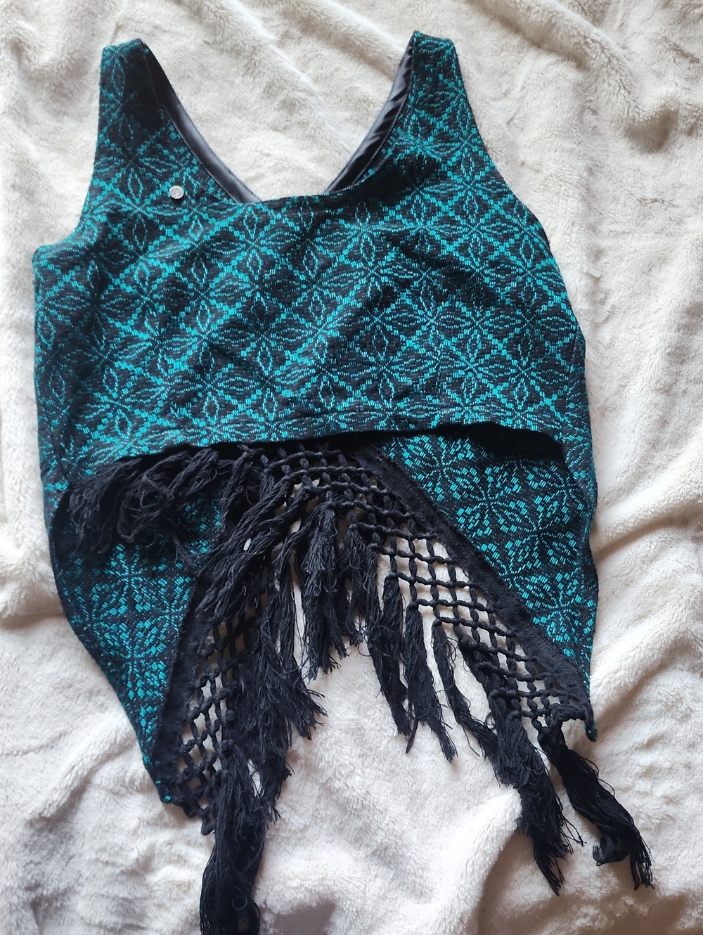 Teal and Black Patterned Fringe Crop Top